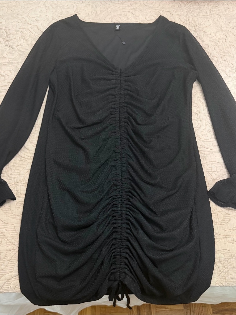 SHEIN Black Long Sleeve Ruched Drawstring V‑Neck Dress